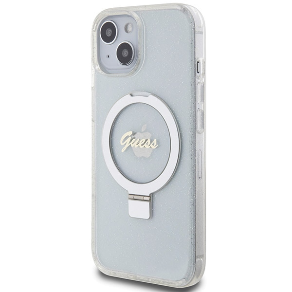 Чехол Guess Ring Stand Script Glitter MagSafe для iPhone 15 / 14 13 - прозрачный