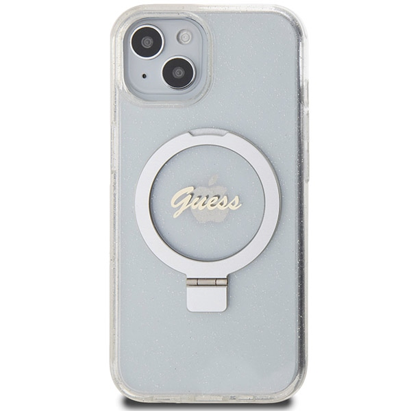 Чехол Guess Ring Stand Script Glitter MagSafe для iPhone 15 / 14 13 - прозрачный