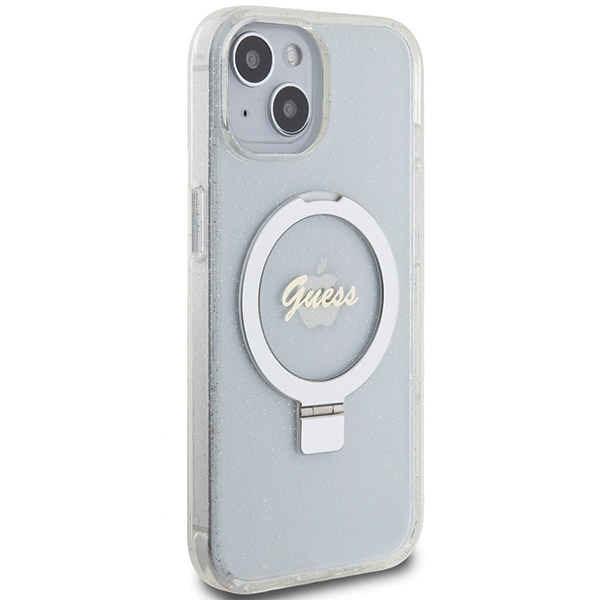 Чехол Guess Ring Stand Script Glitter MagSafe для iPhone 15 / 14 13 - прозрачный