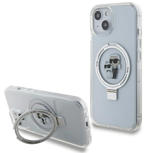 Karl Lagerfeld iPhone 14 / 15 / 13 vāciņš Ring Stand Karl & Choupette MagSafe, balts