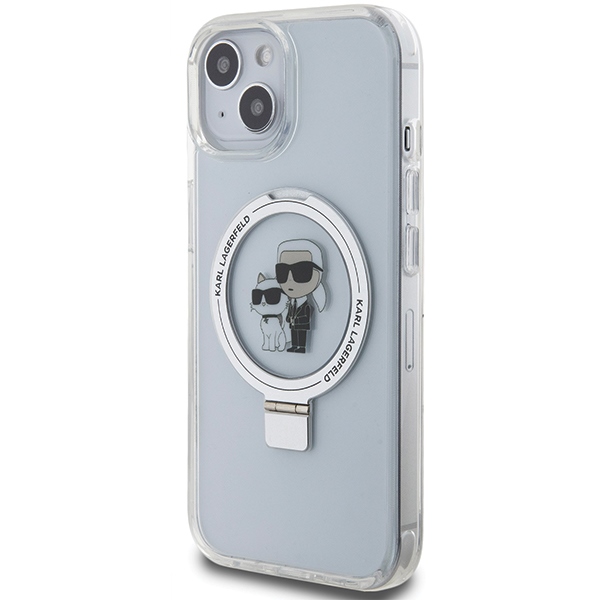 Karl Lagerfeld iPhone 14 / 15 / 13 vāciņš Ring Stand Karl & Choupette MagSafe, balts