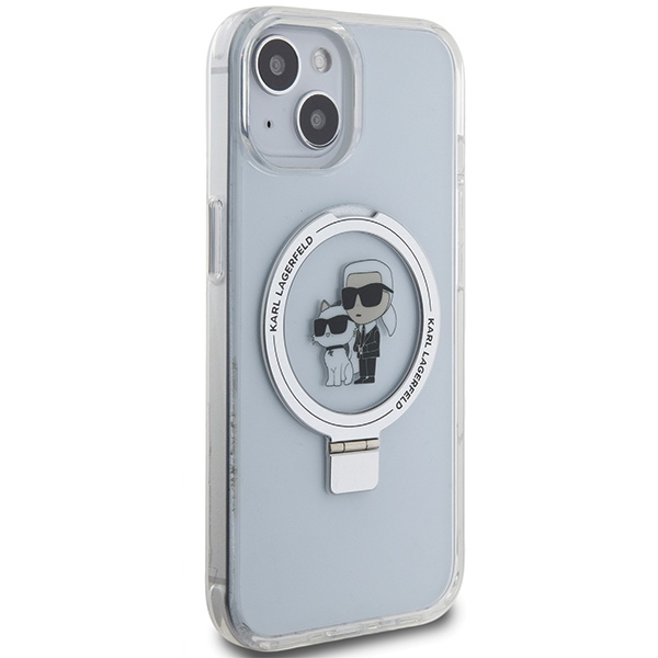 Karl Lagerfeld iPhone 14 / 15 / 13 vāciņš Ring Stand Karl & Choupette MagSafe, balts