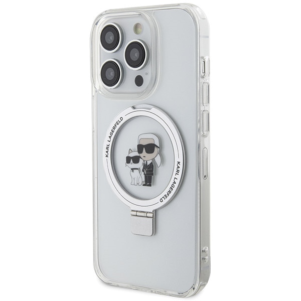 Karl Lagerfeld iPhone 13 Pro Max vāciņš Ring Stand Karl & Choupette MagSafe, balts