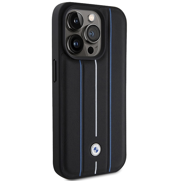BMW Leather Stamp Blue Line Case for iPhone 15 Pro Max - Black