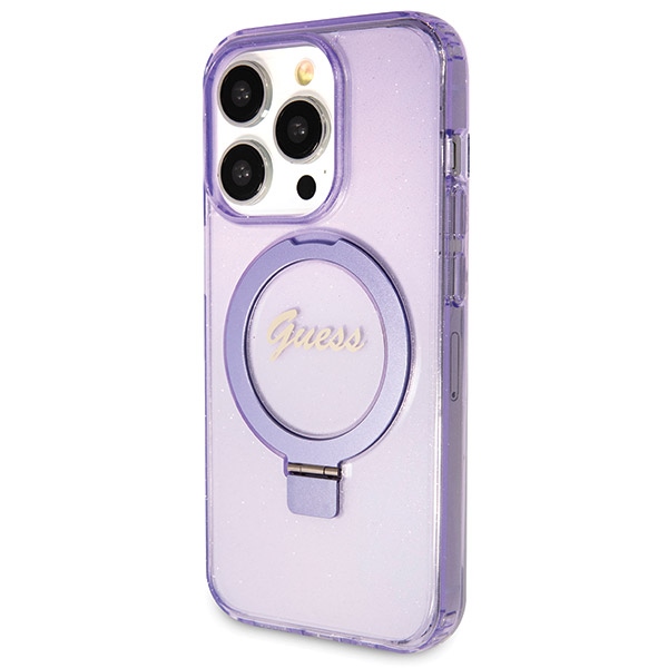 Guess iPhone 13 / 13 Pro vāciņš Ring Stand Script Glitter MagSafe, violets