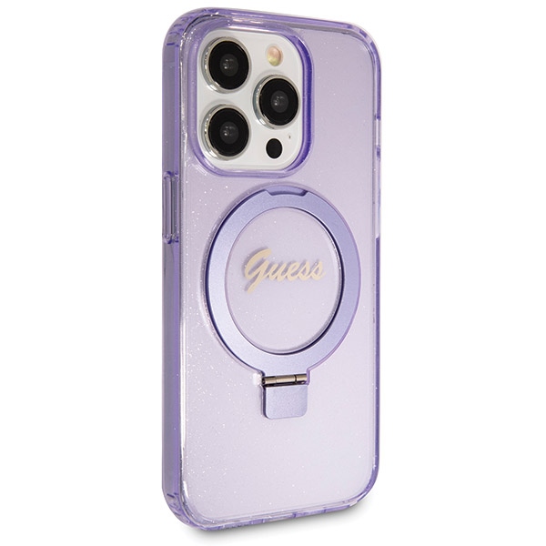 Guess iPhone 13 / 13 Pro vāciņš Ring Stand Script Glitter MagSafe, violets