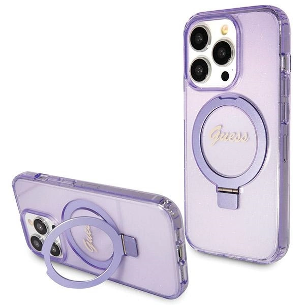Guess iPhone 13 Pro Max vāciņš Ring Stand Script Glitter MagSafe, violets