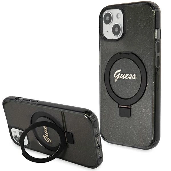 Guess iPhone 13 / 14 / 15 Case Ring Stand Script Glitter MagSafe, Black