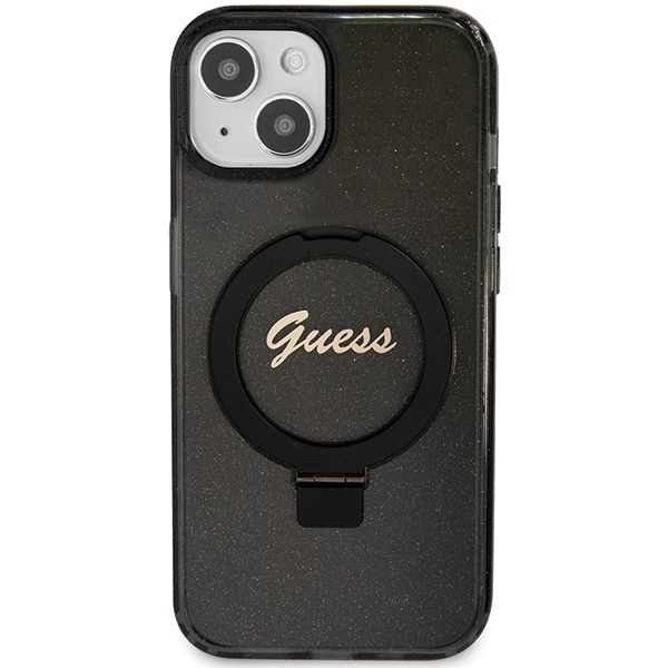 Guess iPhone 13 / 14 / 15 чехол Ring Stand Script Glitter MagSafe, черный