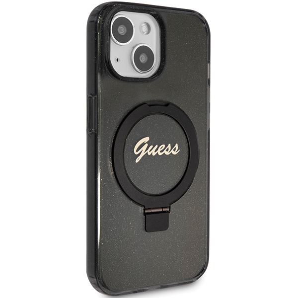 Guess iPhone 13 / 14 / 15 чехол Ring Stand Script Glitter MagSafe, черный