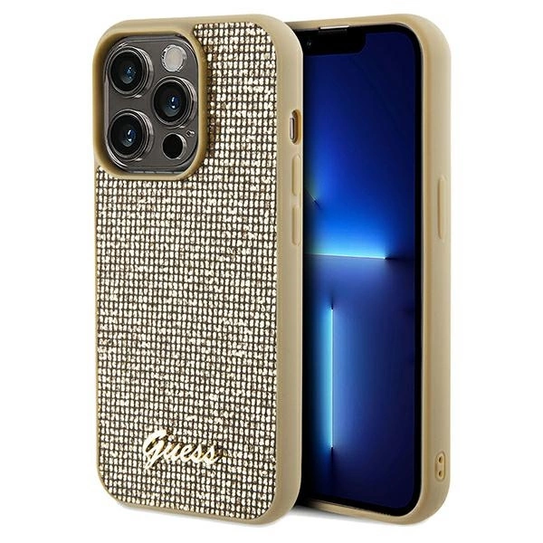 Guess iPhone 14 Pro vāciņš Disco Metal Script, zelta