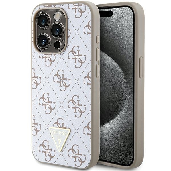 Guess 4G trīsstūra metāla vāciņš ar logotipu iPhone 15 Pro - balts | Triangle Metal Logo case for white