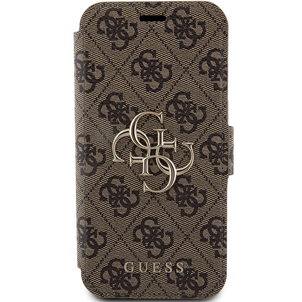 Guess iPhone 15 Pro atverams vāciņš maciņš grāmatiņa 4G Big Metal Logo, brūns
