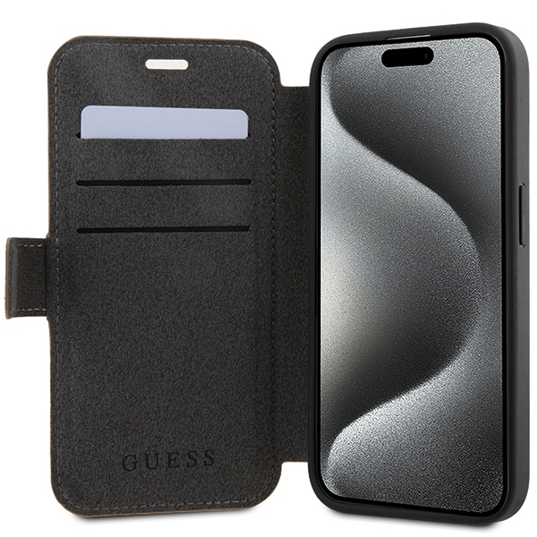 Guess iPhone 15 Pro atverams vāciņš maciņš grāmatiņa 4G Big Metal Logo, brūns