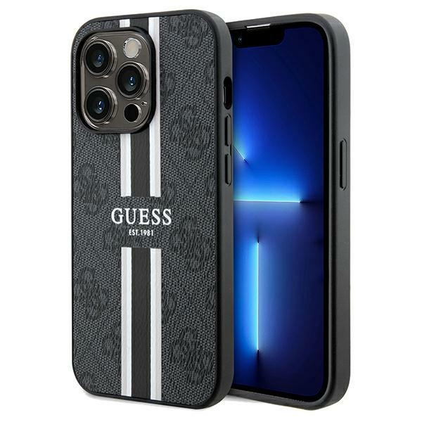 Guess iPhone 15 Pro Max vāciņš 4G Printed Stripes MagSafe, melns