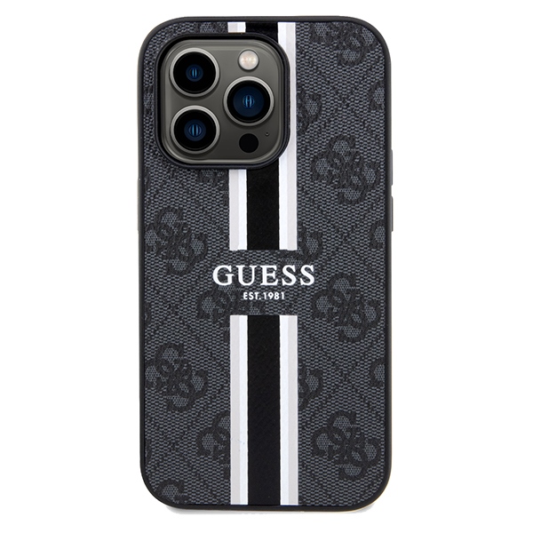 Guess iPhone 15 Pro Max vāciņš 4G Printed Stripes MagSafe, melns