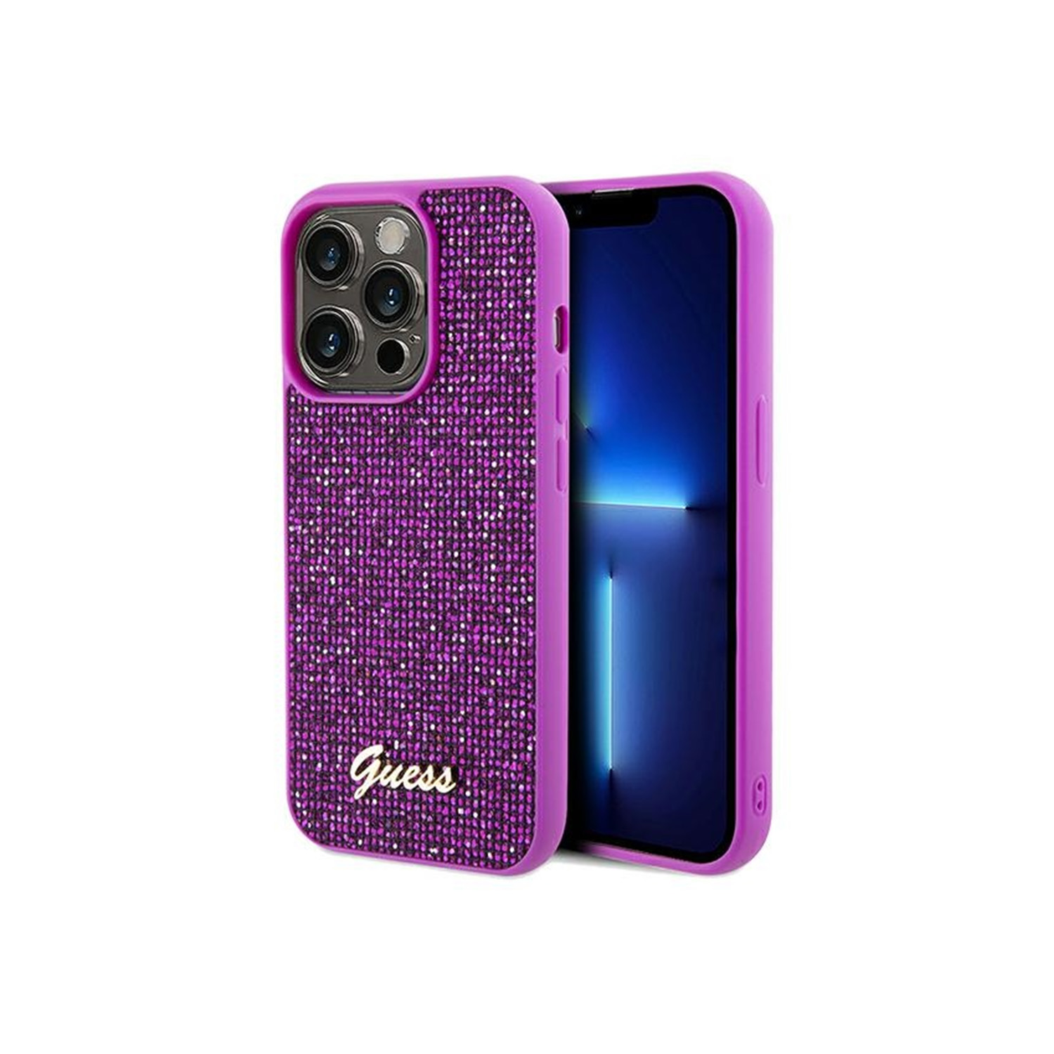 Guess iPhone 14 Pro vāciņš Disco Metal Script, fuksija