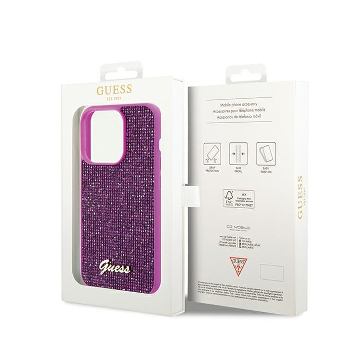 Guess iPhone 14 Pro Case Disco Metal Script, Fuchsia