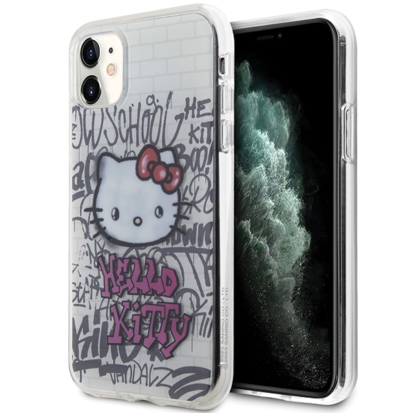 Hello Kitty iPhone 11 / XR vāciņš IML Kitty On Bricks Graffiti, balts