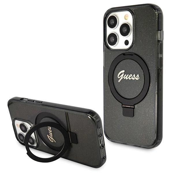 Guess iPhone 13 Pro Max vāciņš Ring Stand Script Glitter MagSafe, melns