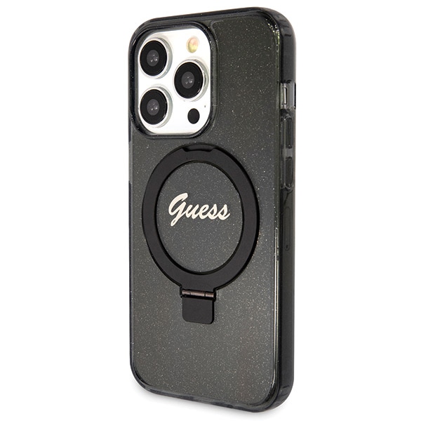 Guess iPhone 14 Pro Max vāciņš Ring Stand Script Glitter MagSafe, melns