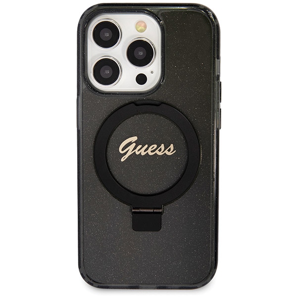 Guess iPhone 14 Pro Max vāciņš Ring Stand Script Glitter MagSafe, melns