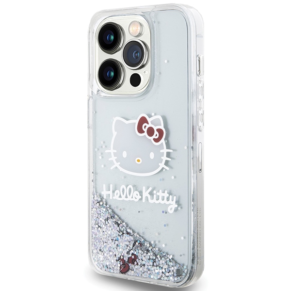 Чехол Hello Kitty для iPhone 13 / 13 Pro Liquid Glitter Charms Kitty Head, серебристый