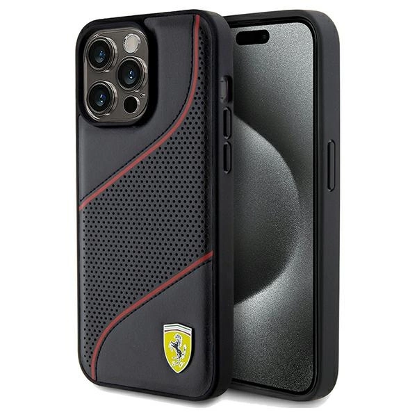 Perforēts Ferrari Waves metāla vāciņš ar logotipu iPhone 15 Pro Max - melns | Perforated Metal Logo case for black