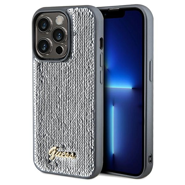 Guess iPhone 14 Pro vāciņš Sequin Script Metal, sudraba