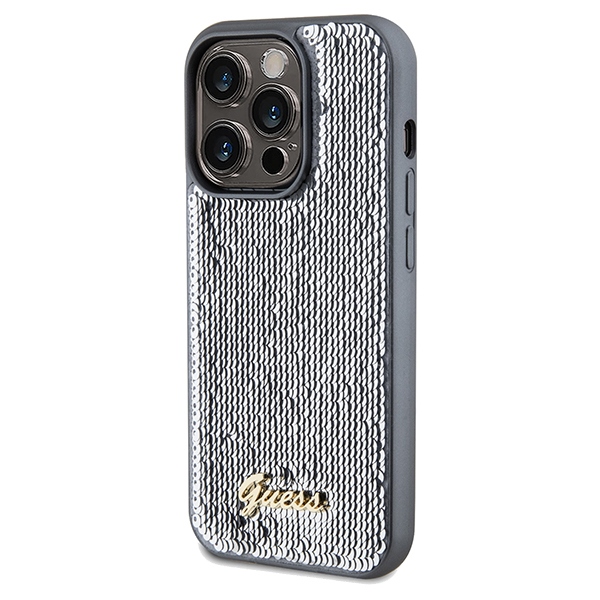 Guess iPhone 14 Pro vāciņš Sequin Script Metal, sudraba