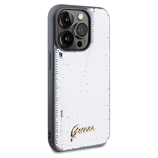 Guess iPhone 14 Pro vāciņš Sequin Script Metal, sudraba
