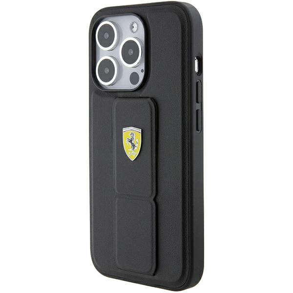 Ferrari iPhone 15 Pro vāciņš Grip Stand Metal Logo, melns
