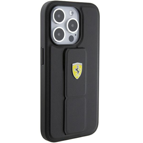 Ferrari iPhone 15 Pro vāciņš Grip Stand Metal Logo, melns