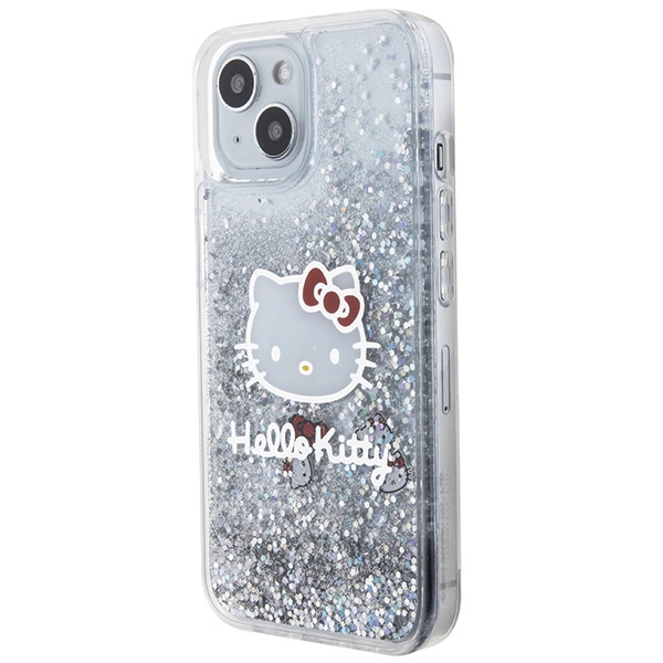 Чехол Hello Kitty для iPhone 14 Liquid Glitter Charms Kitty Head, серебристый