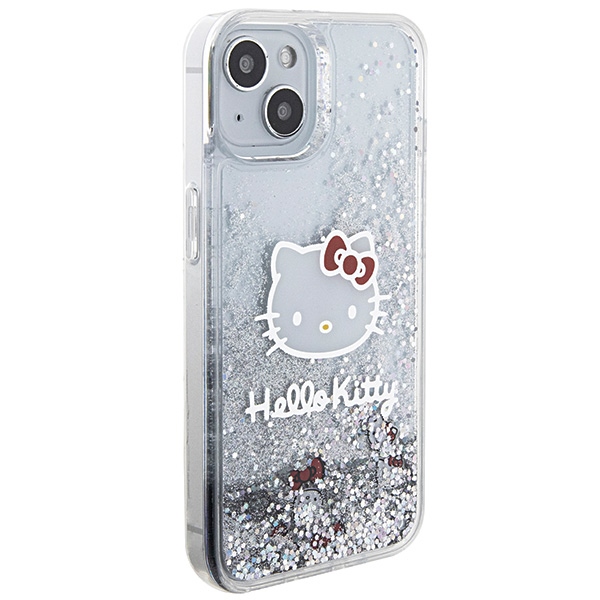Чехол Hello Kitty для iPhone 14 Liquid Glitter Charms Kitty Head, серебристый
