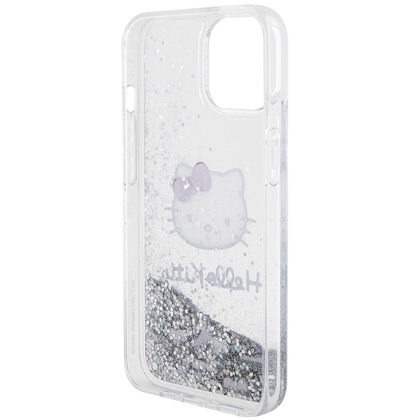 Чехол Hello Kitty для iPhone 14 Liquid Glitter Charms Kitty Head, серебристый