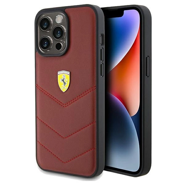 Ferrari Ādas vāciņš iPhone 15 Pro Max ar šūtām līnijām - sarkans | Leather Stitched Lines case for red