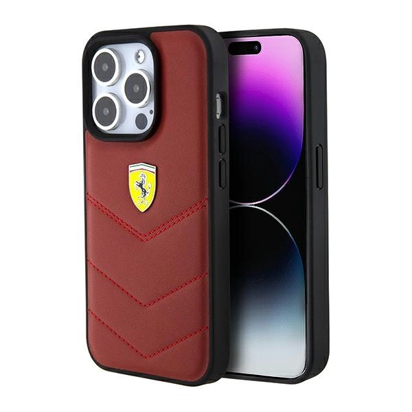 Ferrari Ādas vāciņš iPhone 15 Pro ar šūtām līnijām - sarkans | Leather Stitched Lines case for red