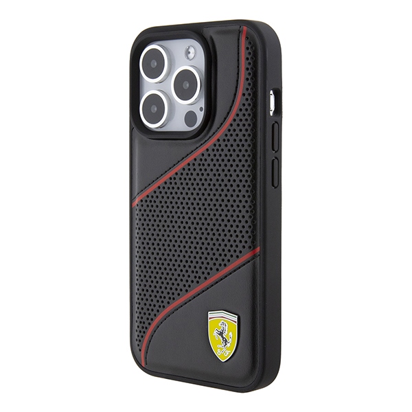 Ferrari iPhone 15 Pro Case Perforated Waves Metal Logo, Black