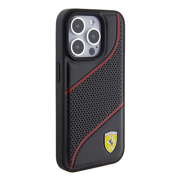 Ferrari iPhone 15 Pro Case Perforated Waves Metal Logo, Black