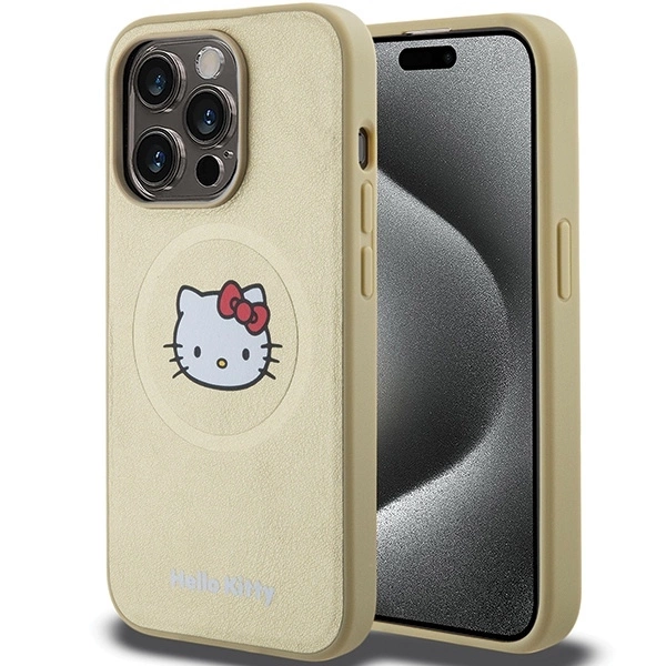 Hello Kitty iPhone 15 vāciņš Leather Kitty Head MagSafe, zelta