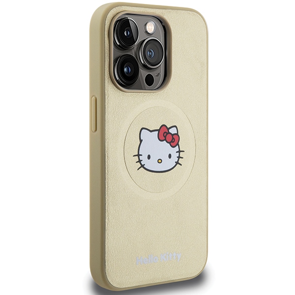 Чехол Hello Kitty для iPhone 15 Leather Kitty Head MagSafe, золотой