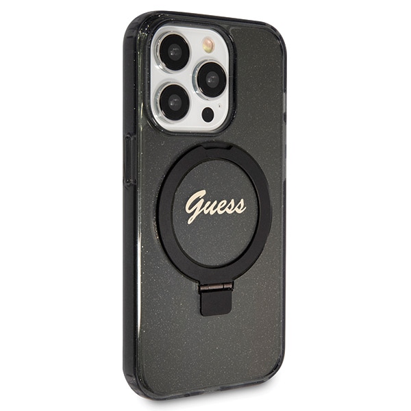 Guess iPhone 13 / 13 Pro vāciņš Ring Stand Script Glitter MagSafe, melns