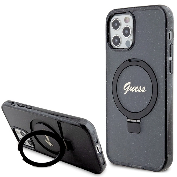 Guess iPhone 12 / 12 Pro Case Ring Stand Script Glitter MagSafe, Black