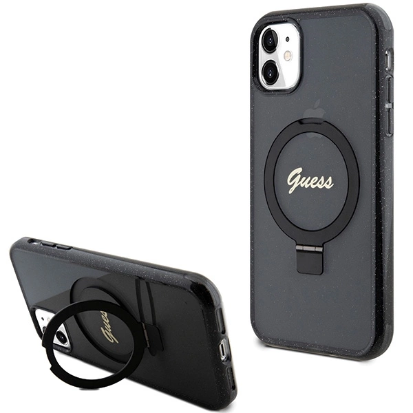Guess Ring Stand Script Glitter MagSafe apvalks ar spīdumiem iPhone 11 / Xr - melns | case for black