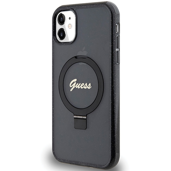 Guess iPhone 11 / Xr vāciņš Ring Stand Script Glitter MagSafe, melns