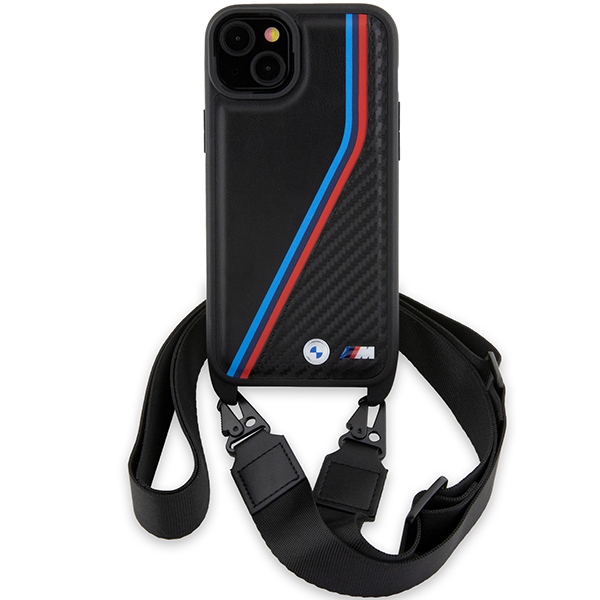 BMW iPhone 15 Plus / 14 Plus vāciņš M Edition Carbon Tricolor Lines & Strap, melns
