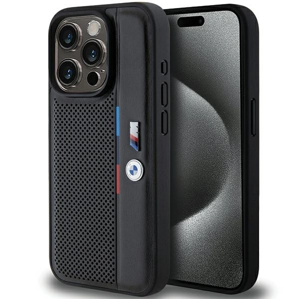 BMW iPhone 15 Pro vāciņš Perforated Tricolor Line, melns