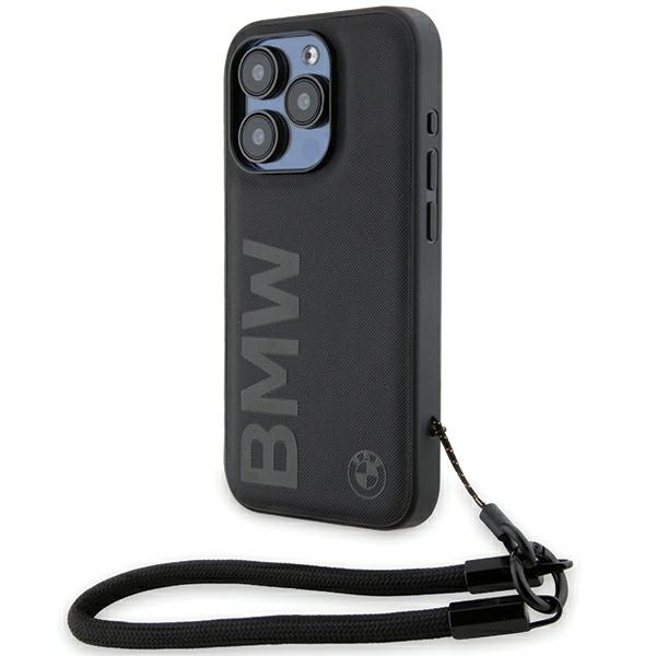 BMW iPhone 15 Pro vāciņš Signature Leather Wordmark Cord, melns