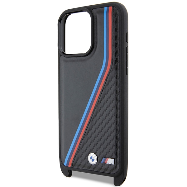 BMW iPhone 15 Pro Max Case M Edition Carbon Tricolor Lines & Strap, Black